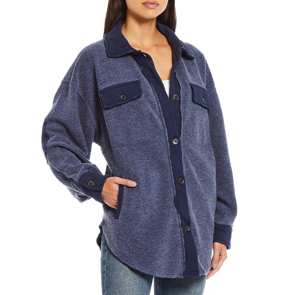 Free People Ruby Jacket Women Size S Navy Blue Fleece Oversized Button Shacket